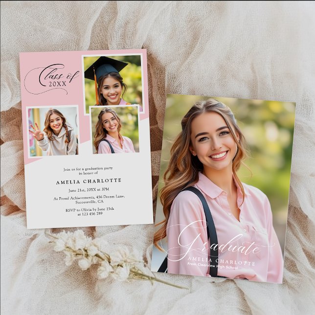 Girly Photo Collage Modern Graduation Party Invitation (Creator Uploaded)