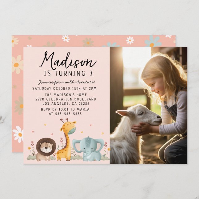Girly Photo Party Wild Animals Birthday  Invitation (Front/Back)