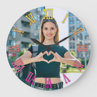 Girly Photo Yellow Magenta Ombre Roman Numerals Large Clock