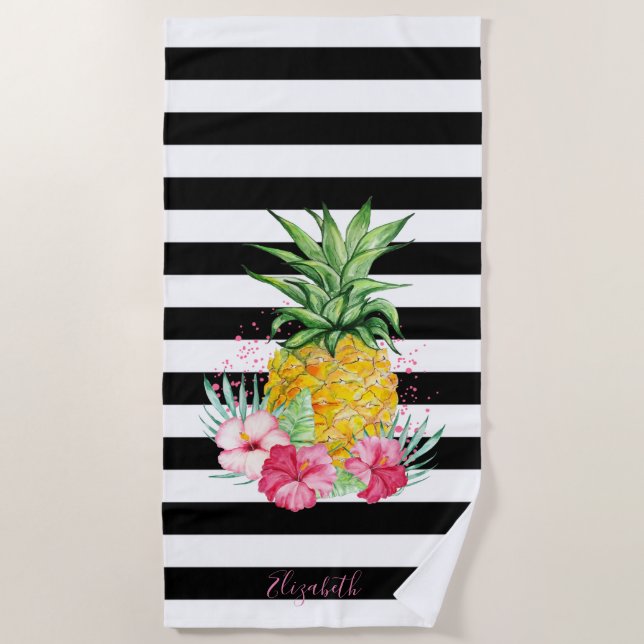 Girly Pineapple,Hibiscus Black White Stripes  Beach Towel (Front)