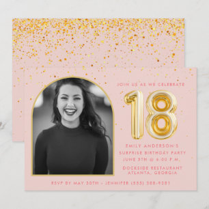Girly Pink 18th Birthday Gold Balloon Confetti Invitation
