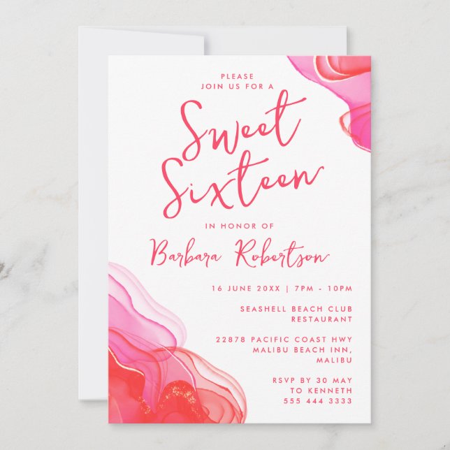 Girly Pink Abstract Watercolor Sweet Sixteen Invitation (Front)