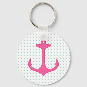 Girly Pink Anchor Polka Dot Nautical Design Key Ring