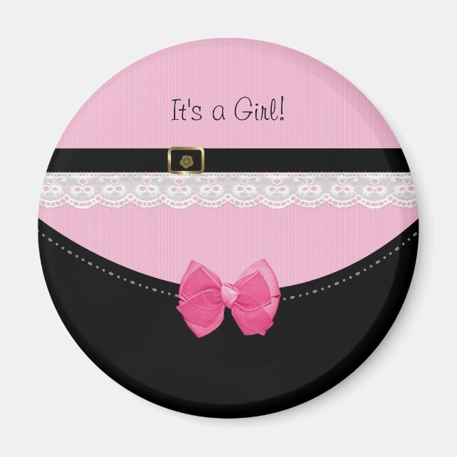 Girly Pink And Black Baby Shoes Birth Announcement Magnet (Front)