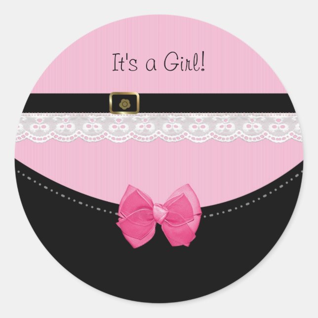 Girly Pink And Black Baby Shoes Its a Girl Classic Round Sticker (Front)
