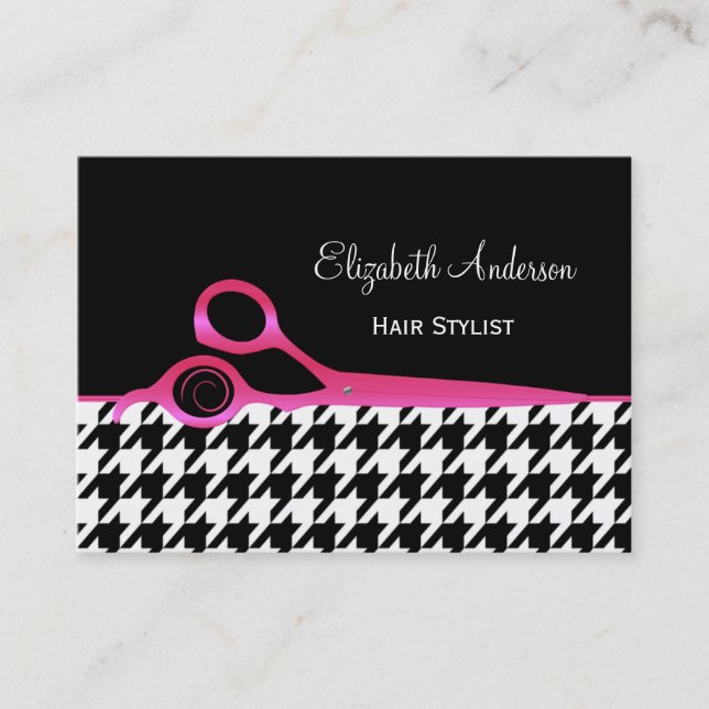 Girly Pink and Black Houndstooth Hair Salon Business Card (Front)