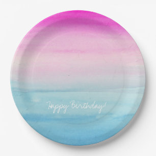 Girly Pink and Blue Watercolor Ombre   Birthday Paper Plate