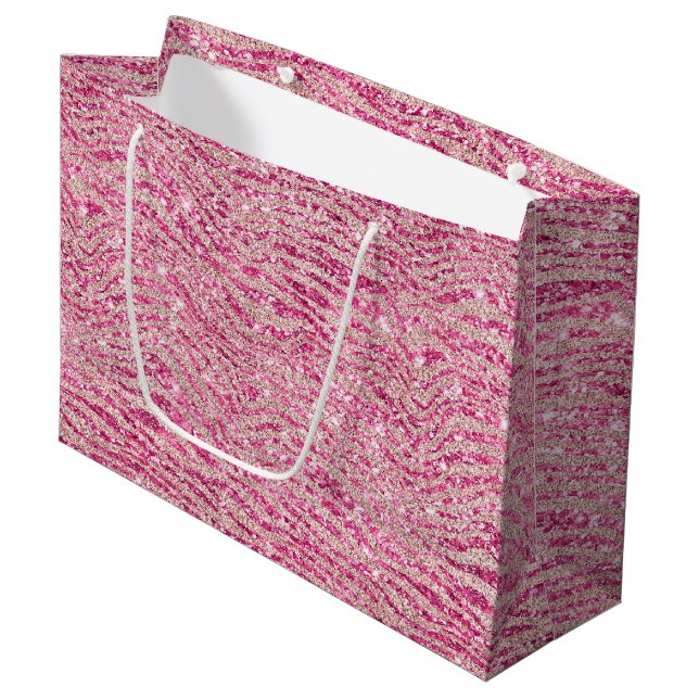 Girly Pink and Blush Glitter Zebra Birthday Large Gift Bag (Front Angled)