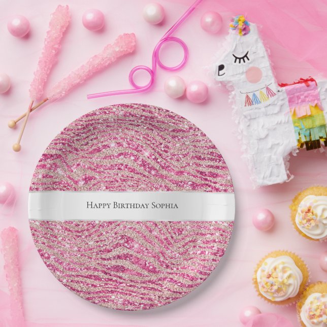 Girly Pink and Blush Glitter Zebra Birthday Paper Plate (Party)
