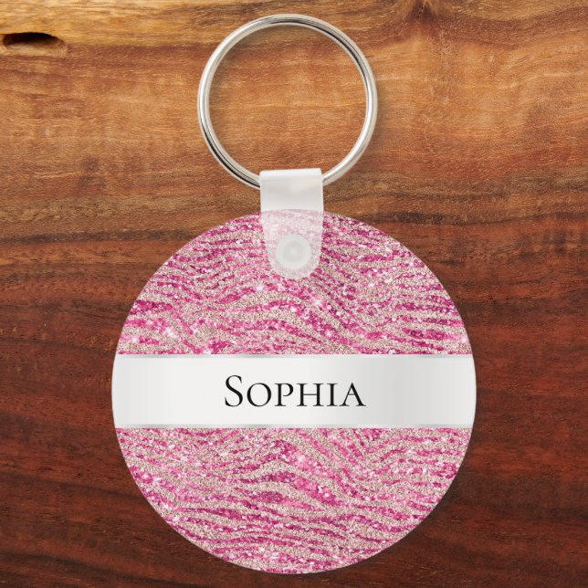 Girly Pink and Blush Glitter Zebra Name Key Ring (Front)