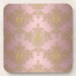 Girly Pink And Gold Damask Pattern Coaster