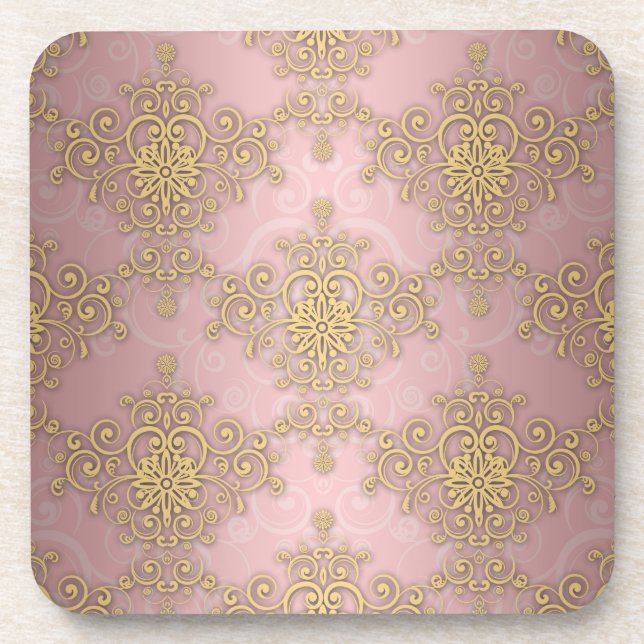 Girly Pink And Gold Damask Pattern Coaster (Front)