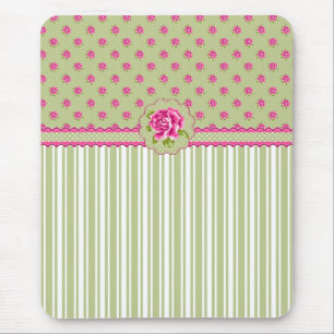 Girly Pink and Green Floral Mousepad