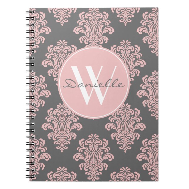 Girly Pink and Grey Damask Monogram Notebook (Front)