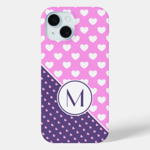 Girly Pink And Purple Custom Monogram White Hearts iPhone 15 Case