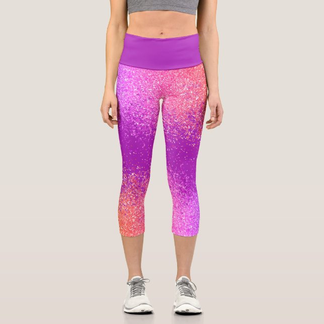 Girly Pink and Purple Faux Glitter Glam Sparkles Capri Leggings (Front)