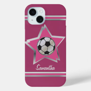 Girly Pink and Silver Effect Soccer Star iPhone 15 Case