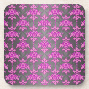 Girly Pink and Silver Grey Damask Coaster