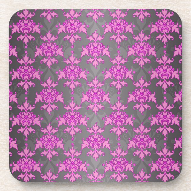 Girly Pink and Silver Grey Damask Coaster (Front)