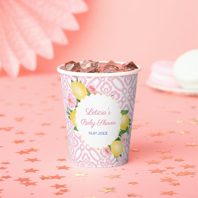 Girly Pink And White Lemons Baby Shower Party Paper Cups (Insitu)