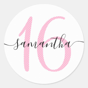 Girly Pink and White Polka Dot Personalised 16 Classic Round Sticker