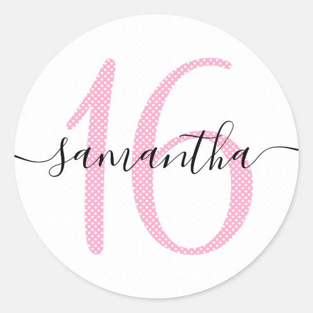 Girly Pink and White Polka Dot Personalised 16 Classic Round Sticker (Front)
