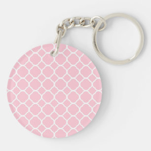 Girly Pink and White Quatrefoil Pattern Key Ring