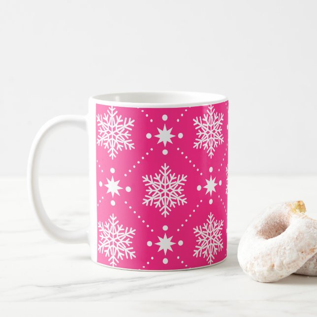 Girly Pink and White Snowflakes Christmas Pattern Coffee Mug (With Donut)