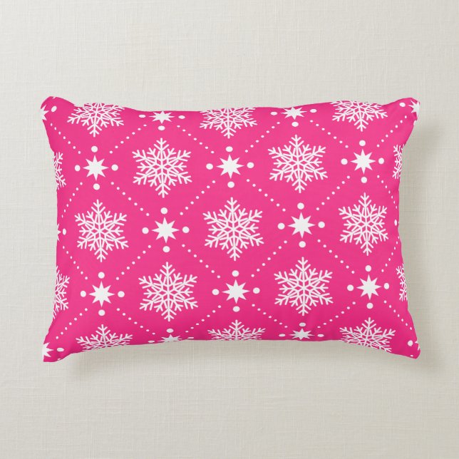 Girly Pink and White Snowflakes Christmas Pattern Decorative Cushion (Front)