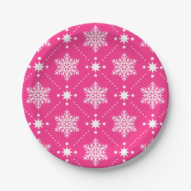 Girly Pink and White Snowflakes Christmas Pattern Paper Plate (Front)