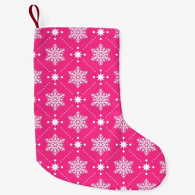 Girly Pink and White Snowflakes Christmas Pattern Small Christmas Stocking (Front)