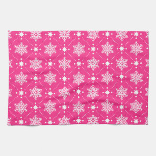 Girly Pink and White Snowflakes Christmas Pattern Tea Towel