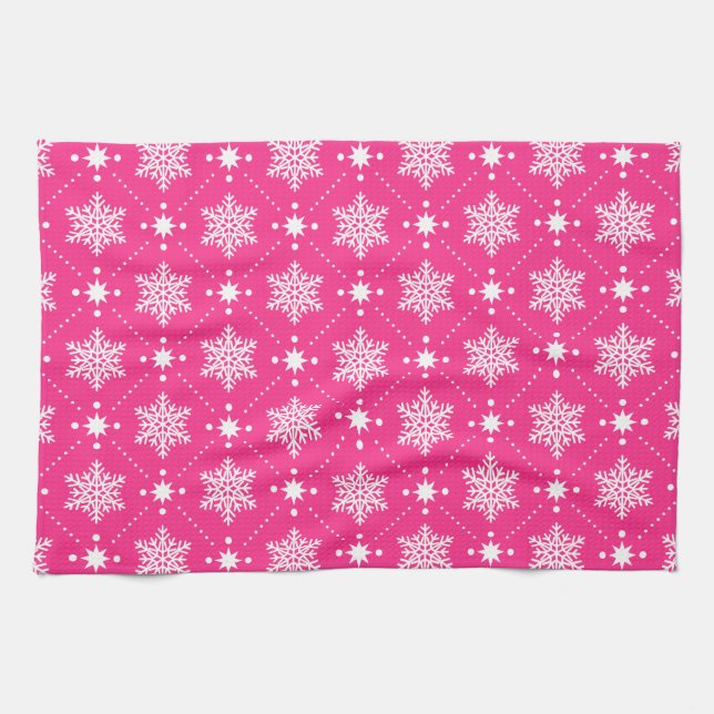 Girly Pink and White Snowflakes Christmas Pattern Tea Towel (Horizontal)