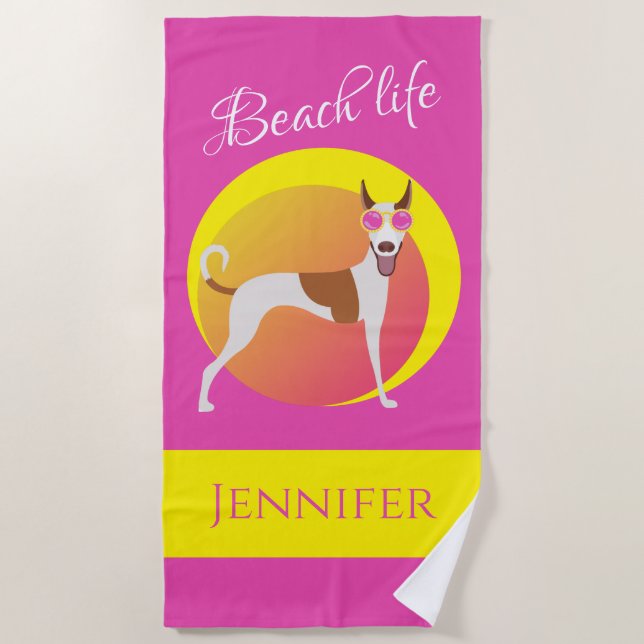 Girly Pink and Yellow Dog Beach Towel (Front)