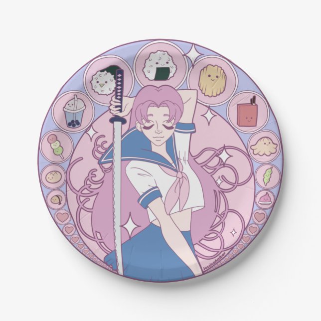 Girly Pink Anime Schoolgirl Art Nouveau Paper Plate (Front)