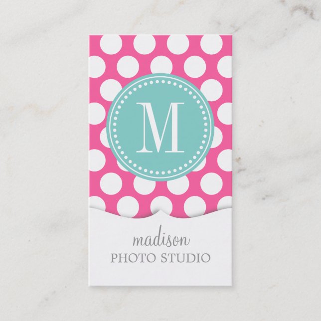 Girly Pink & Aqua Big Polka Dots Monogrammed Business Card (Front)