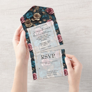 Girly Pink Aqua Champagne Gold Roses All In One Invitation