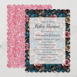 Girly Pink Aqua Champagne Gold Roses Invitation