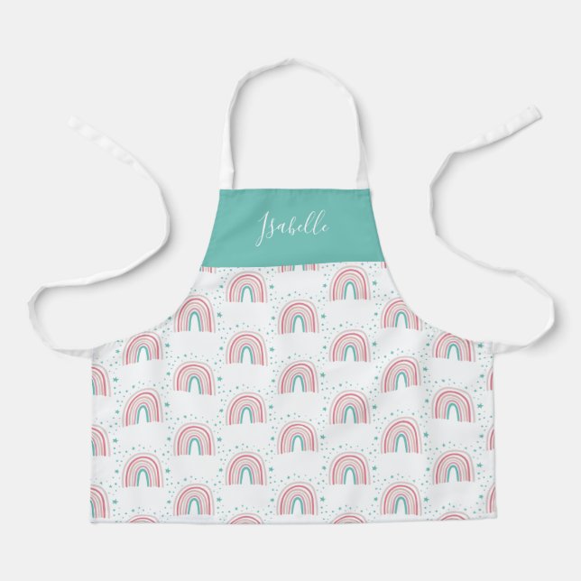Girly pink aqua rainbow script personalised modern apron (Front)