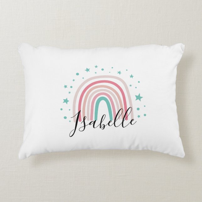 Girly pink aqua rainbow script personalised modern decorative cushion (Front)