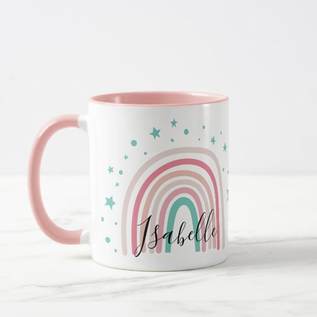 Girly pink aqua rainbow script personalised modern mug (Left)