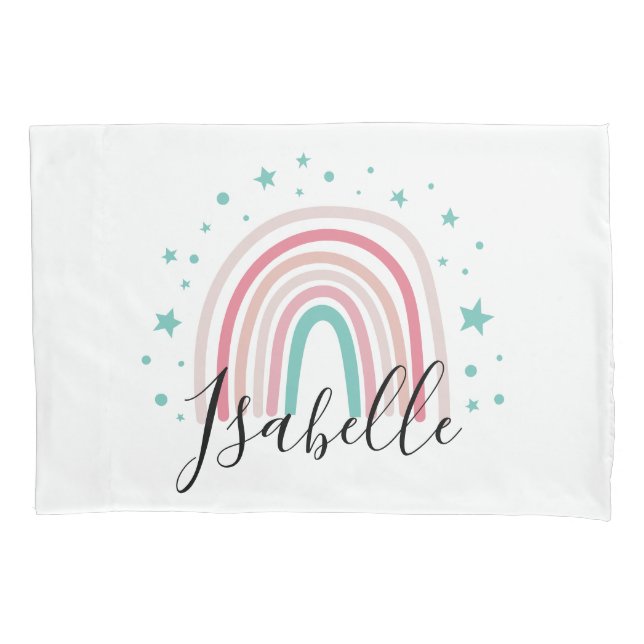 Girly pink aqua rainbow script personalised modern pillowcase (Front)