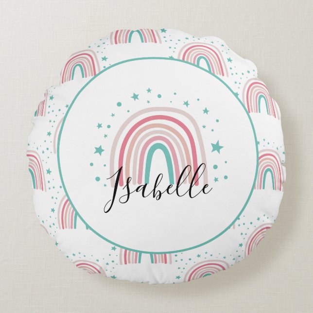 Girly pink aqua rainbow script personalised modern round cushion (Front)