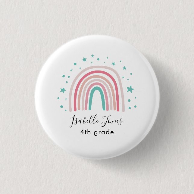 Girly pink aqua rainbow script personalised school 3 cm round badge (Front)