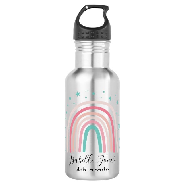 Girly pink aqua rainbow script personalised school 710 ml water bottle (Front)
