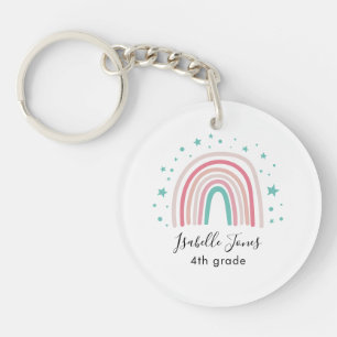Girly pink aqua rainbow script personalised school key ring