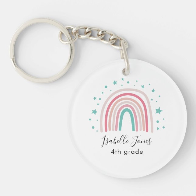 Girly pink aqua rainbow script personalised school key ring (Front)