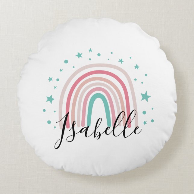 Girly pink aqua rainbow script personalized modern round cushion (Front)