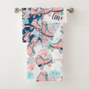 Girly Pink Aqua Roller Skates Personalised Bath Towel Set