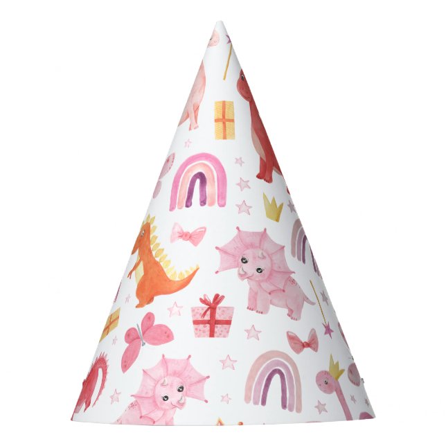 Girly Pink Baby Dino Dinosaur Birthday Party Hat (Front)